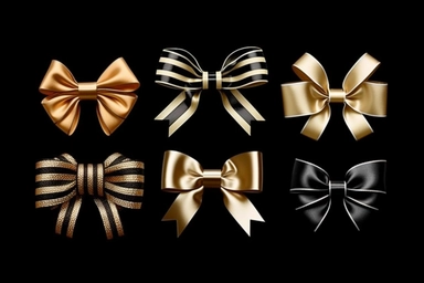 6 holiday packaging bows for giftbox isolated on a plain solid black background, clipart