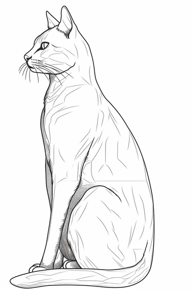 cat sitting in profile, thin line silhouette outline simple one line sketch, vector logo clipart, leonardo da vinci style, white background,