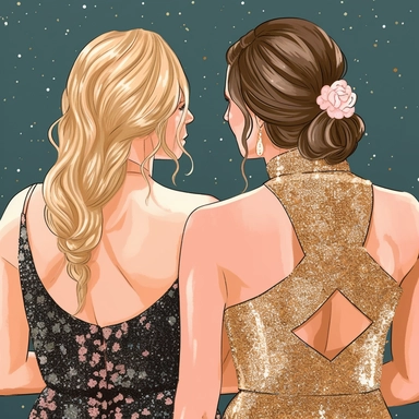 clipart of adult bestfriends, friends forever, back facing, wearing elegant sequined dress, fashionable glam, closeup