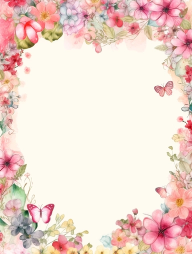 frame for poster, narrow vignette along the sides and the corners of the picture, little cute wild bright clipart flowers like hearts vignette, soff pastel blank center of the picture,