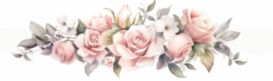 watercolor single row blush white pink roses bouquets clipart, white space on left and right borders, muted color faded