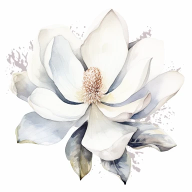 clipart magnolia, watercolor, white background, silver sequins