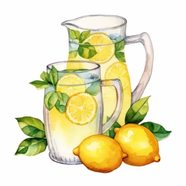Water color clipart of Lemonade stand and fresh lemon juice in pitcher and glasses, Watercolor Sublimation design, white background for removing background