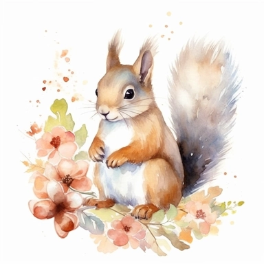 A watercolor clip-art featuring a playful squirrel with acorns, pastel colors, white background, scrapbooking, intricate details, visible brush strokes and realistic painting, on the theme of spring woodland animals and trending on Etsy