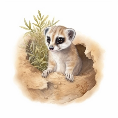 cute, watercolor, hyperrealistic, photorealistic, meerkat near his burrow, big cute eyes, intricate detail, nursery clipart, white backgroud, png,