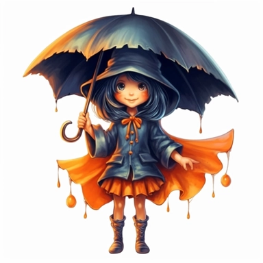 Cute Adorable magical little witch holds laterally a huge umbrella in his hand wears a raincape and stand in the rain on a country road, correct umbrella, clipart, high detail, 8k polished, 8k, vibrant colors, white background, sticker