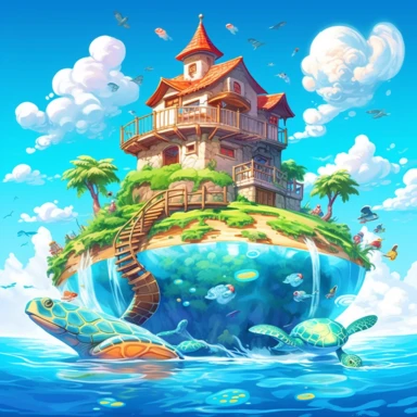 /v5_upscale, bright day, island in the blue sea house with pam clipart, high detail, spaced outultra scale, detailed, extremely bright, charming, stunning, extremely detailed, miracle, amazing, mercury clouds illumination, light background, vitamins, with holographic , dragon ball Jin the Turtle Master Roshi,