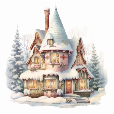 stunning gingerbread house in snow, soft faded colors, Christmas clipart by Thomas Kinkade, Marjolein bastin