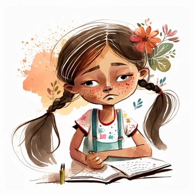 watercolor clipart, Girl doing the exercise in the book, frustrated, math, pencil