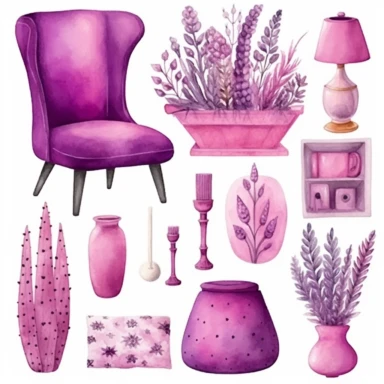watercolor home decor items, vase, pillow, rug with lavender flowers, in the style of hot pink, purple and lavender colors, intricate illustrations, primitivist elements, dotted, pencil texture, vivid color palette, Clipart Collection, objects isolated on white background