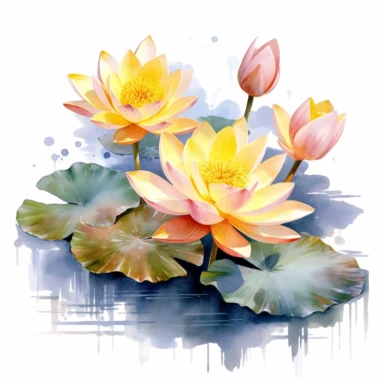 lotus flowers with yellow blossoms floating on the water artistic watercolor with a delicate touch with shadow gradation white background clipart high quality 8k hyper detailed