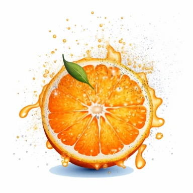 an orange with flecks of juice on white background. Clipart