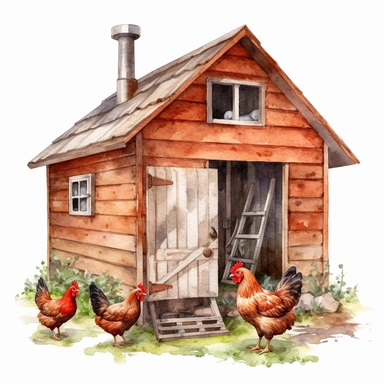 realistic watercolor backyard chicken coop on a totally white background, clipart