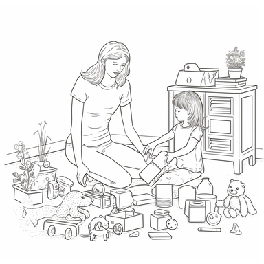 coloring page for kids of a mother and a child playing with toys, full body view, white neutral background, clean line art, low details , 1,5px thick black lines, simple clipart. simple