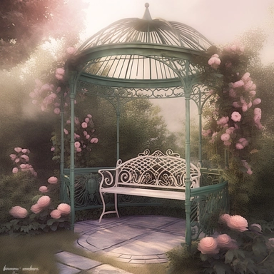 deep colors, fantasy rose evening garden with antique wrought iron bench and gazebo, soft pink and green and khaki colors, romantic, clipart style, shabby chic, ethereal, fantasy, 8k, photo realistic, sharp focus, high precise detail, transparent background, (--iw 15)