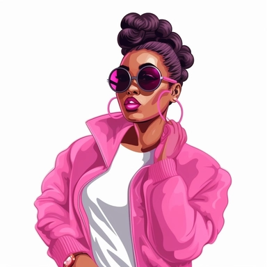 beautiful slassy african american woman wearing pink sunglasses pink jacket hoop earrings hair in a messy bun baby hair blowing a pink gum bubble arms folded she has one hand holding her face with one eyebrow raised clipart vector shiny illustration on a white background