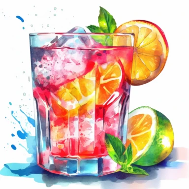 clipart watercolor pastel neon colors - summer cool drink with ice cubes in it and cutted citrus fruits on top - hard contrast - high details - enough space between each item