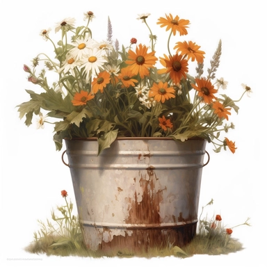 392528 watercolor for a clipart with a white background of wildflowers growing in a rusty metal bucket, hyperrealism, painted by Bo Bartlett