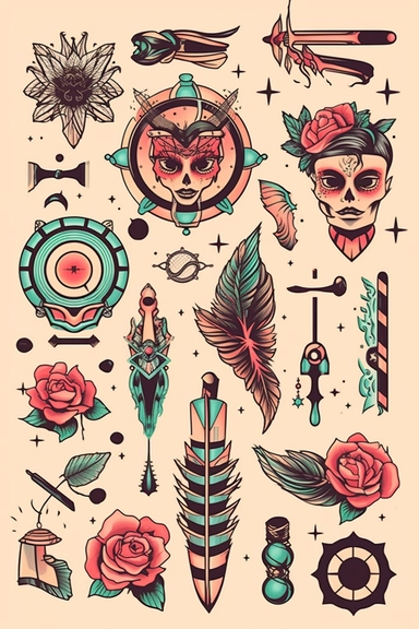 tattoos vector clipart on light background, vector cute collection, in the style of #screenshotsaturday, light black pastel background, flat areas of color, flat color blocks, 1970–present, rough-edged 2d animation, lightbox, colorful animation stills, high quality clipart, front view
