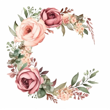 Craft a dreamy watercolor clipart of rose floral wedding invite circle frame composition, using a muted and vintage-inspired color palette of dusty pinks and earthy greens. Infuse the artistic style of Vintage Blooms Watercolors for a nostalgic and timeless depiction. isolated on a white background, 8k uhd,