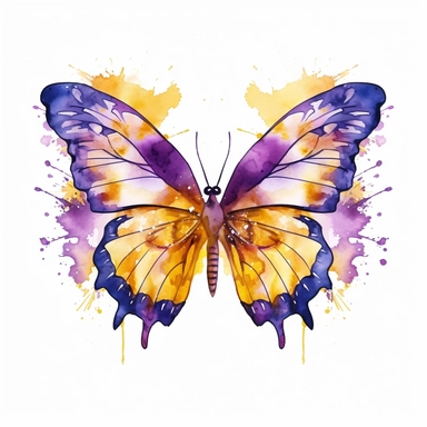 yellow and purple watercolour butterfly clipart, vector image with splaces of watercolour