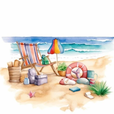 summer beach clipart, white bsckground, watercolor,