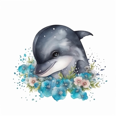 watercolor funny create kawaii marbled black ,silver, teal chibi dolphin with forgetmenot flowers with babysbreath clipart, isolated on white background,space out--ar3:2--s1000