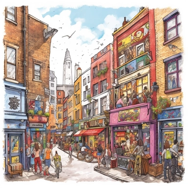 A lively scene of the famous Brick Lane, filled with street art honoring the new King, Clipart, watercolor, white background, intricate detail