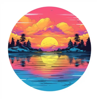 Artwork for t shirt graphic of majestic vibrant color magnificent sunset at the lake in a pencil drawing style, A vibrant featuring a sun setting over a tranquil lake, with a soft pink sky and a hint of orange in the horizon white background, colorful shades, highly detailed clean, vector image, photorealistic masterpiece, professional photography, realistic, flat white background, isometric, vibrant vector, clipart, illustration, realism, 4k, cinematic, front view, white background,