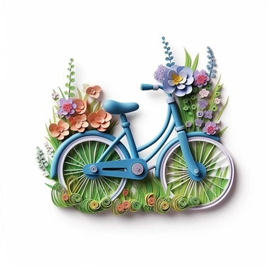 clip art, quilling art style, bicycle with flowers coming out of the basket, grass on the ground, high detail, white background fade to edges, sticker