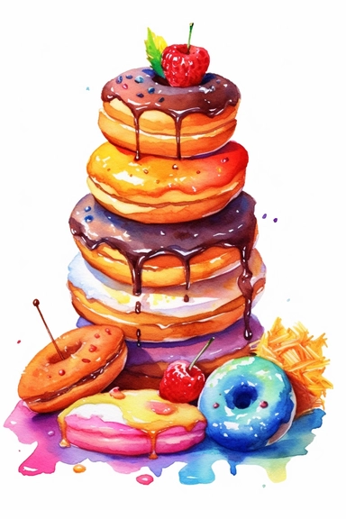 sweets, pies, cakes and doughnuts cartoon style, cute cartoon food lot. Pixar childrens book cartoon style, detailed, modern, urban, watercolor, full color, flat color, white background, children book illustration. Watercolor clipart. Pixar animation