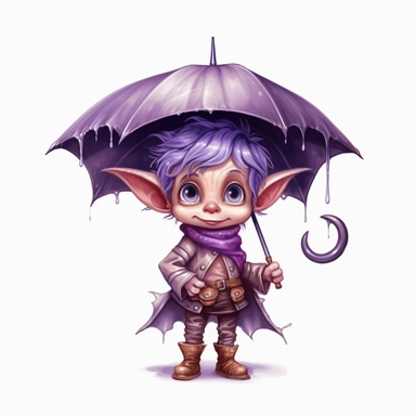 Cute Adorable magical little Elf with big pointed ears holds a umbrella in his hand wears a raincape and stand in the rain on a country road, clipart, photorealistic illustration, watercolor, high detail, 8k polished, 8k, vibrant colors, sticker, majestic, die cut, black and purple color, white background