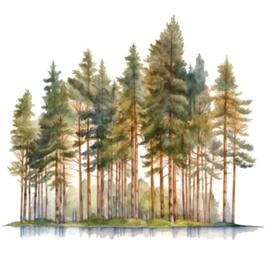 A watercolor painting of beautiful Lakeside Pine Trees Clipart by the best 10 artists in the world, isolated on white background, no text,