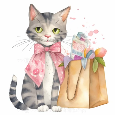 Lovely watercolor clipart of a playful cat with a paper bag, capturing the joy and happiness of pets, with delicate colors and intricate details, perfect for a wall art print, whimsical and charming, high-quality illustration, hand-painted with love, elegant and sophisticated.