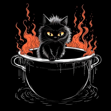 cartoon white drawing black cat inside a witch cauldron, clipart, black background