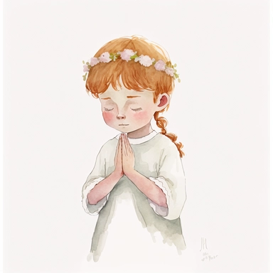 illustration of praying ginger boy, clipart, watercolor, white background, simple, soft colors, boho, minimalism