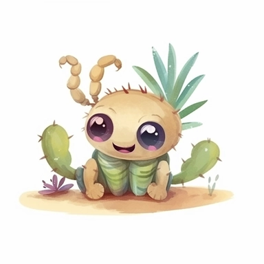 a baby scorpion with cute big eyes, happy smiling face, cute animal, adorable, playful atitude, adorable watercolor animal clipart with a few cactus and sand decor, no background, high quality