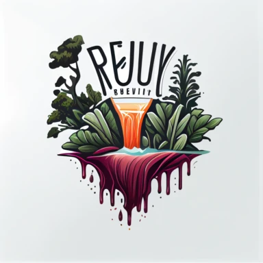 logo design for Rejuv with a waterfall, carrots and beets and kale at the bottom of a waterfall, juice company, edgy lettering, tropical, white background, simple, clipart, marker