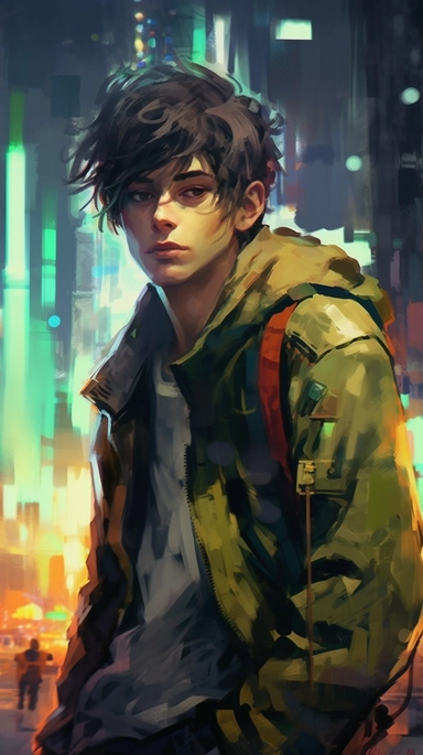 beautiful stunning pretty vintage cyberpunk anime boy, paint art style, clipart, city landscape background, superrealistic, one of a kind