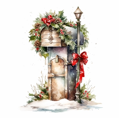 vintage christmas watercolor clipart of a mailbox on a post, decorated with slightly muted reds, greens, whites, highlights, hyper realistic, proportioned, symmetrical, isolated white background