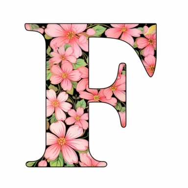 clipart of a thin black letter F decorated with cherry blossoms and leaves on a white background, the cherry blossoms are pink and the leaves are green, the letter is D in the style of stylistic, elegant, celebratory, familial, congregatory