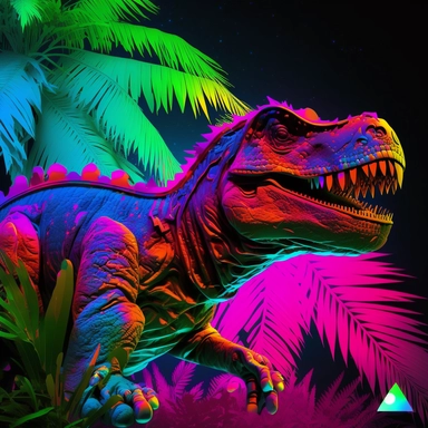 Dinosaur clipart Featuring Bright and vibrant colors like neon green, electric blue, and hot pink set against lush greenery and palm trees. The mood is playful and energetic, with dinosaurs lounging in the sun or splashing in the water. Photo realistic ar 5:7 q 2