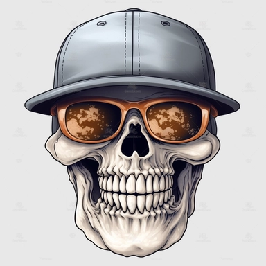 happy skull wearing sun glasses and a baseball cap, detailed, clipart, white background