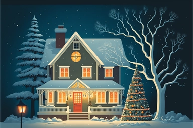 Stunning Vector clip art Christmas scene. frosty winter evening. The Christmas scene is one of festive cheer, as a cozy house is adorned with twinkling Christmas lights and colorful decorations. A tall Christmas tree with ornaments, gifts, decorations stands proudly in the front yard, its branches glistening with snow. The house itself is a picture of holiday cheer. Its windows are adorned with wreaths and garlands, and a wisp of smoke curls from the chimney. The front door is painted a cheery r
