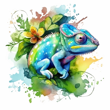 watercolour illustration free brushstrokes, beautiful and joyful, chameleon with curly tail, mark brooks, naturecore, animal clipart, isolated on a white background,
