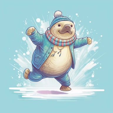 Showcasing a whimsical cartoon Walrus wearing ice skates and performing a figure skating routine. The design should capture the Walrus's playfulness and add a touch of Canadian flair. The artwork can be dynamic and energetic, with the walrus striking a pose mid-skate.r, that can be used as a sticker, colorful, highly detailed, white background, style of pixar clipart, white background,--no cut off edges
