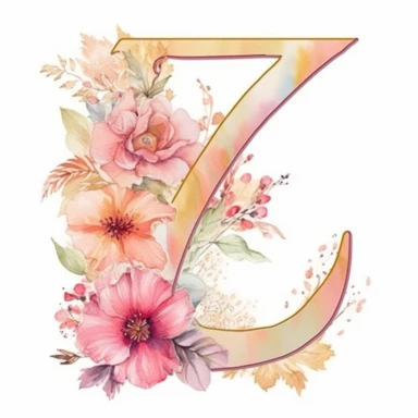 Clipart, Watercolor, Delicate, fine line, Gold Alphabet letter Z, with soft pink flowers, pastel colors, hand-draw, texture