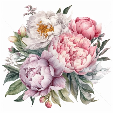 a bouquet with a few peonies clipart with white background, unimaginable beauty,white with little pink details in the centre of the bloom,An illustration clipart painted by ann buccarelli, watercolour, combo pale colours, insanely detailed, on white background, amazing colour combo, with detailed watercolor bloom, white/ pink/ green, bec winnel, intricately textured, close up, walter Langley, lucy grossmith, heavy impasto technique, detailed shading, atmospheric watercolours, on white background