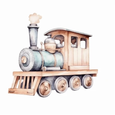 Clipart aquarelle, wooden train toy for little todler, neutral colors, minimalistic, adorable, shabby