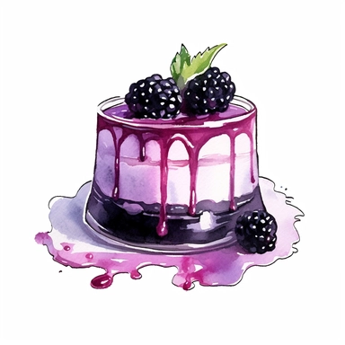 one blackberry Dessert with strawberrie and chocolate on a white background, in the style of Watercolor Clipart, light purple and dark black, animated gifs, dark silver and emerald, decorative paintings, detailed miniatures, dark purple and dark ambe , no watermark, text, 300 DPI , typography, shapes do not stick together, no text in the picture, on a white background